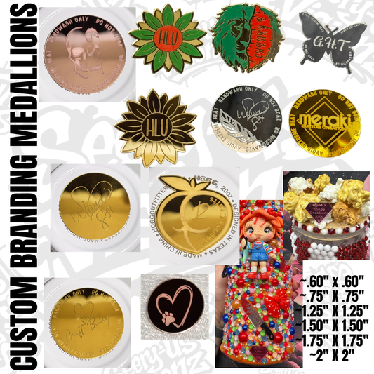Custom Branding Medallions w/ Care Instructions (.6" - 2") - Set of 15