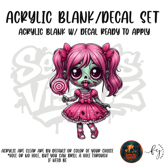 Pink Zombie Doll themed acrylic blank with hole at top, multipurpose crafting shape
