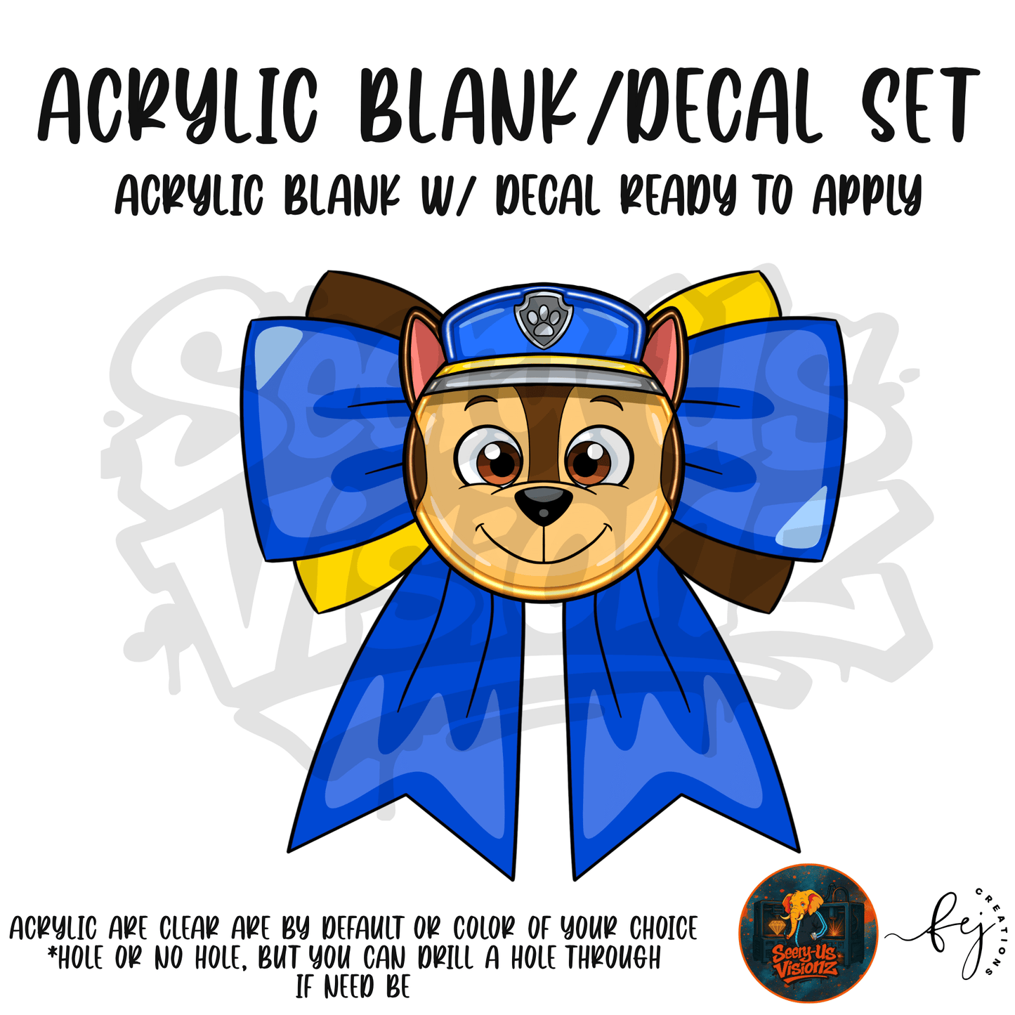 Police Pup Bow themed acrylic blank with hole at top, multipurpose crafting shape
