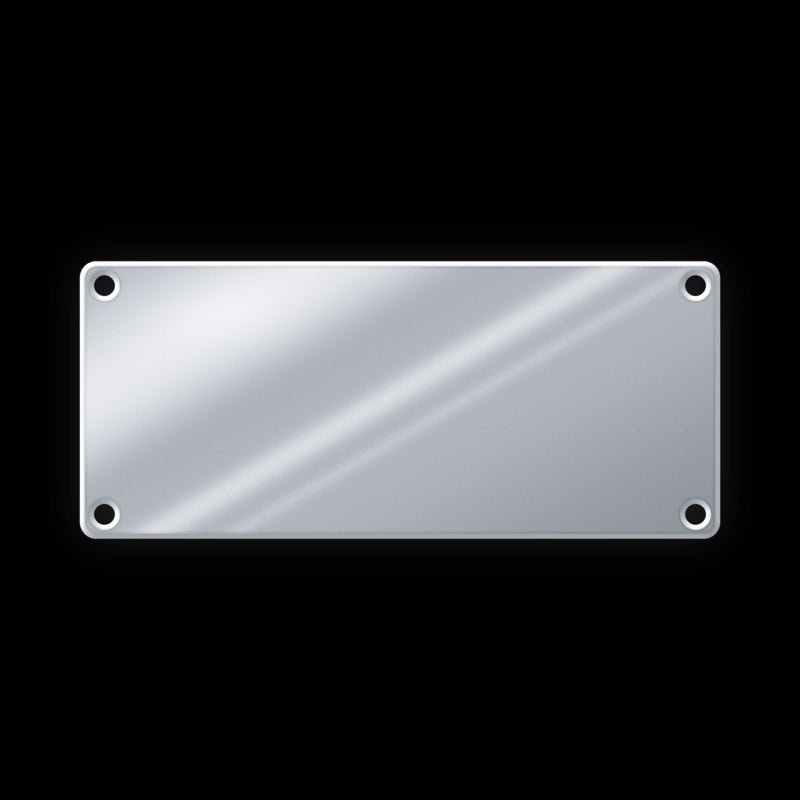 Silver rectangle, about 2.4 by 1 inch, with 4 corner sew holes