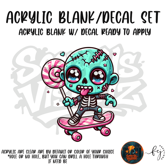 Skateboard Zombie themed acrylic blank with hole at top, multipurpose crafting shape
