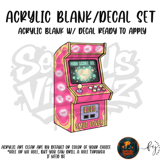 Smut Lover Pink Retro Arcade adult themed acrylic blank with hole for crafting, novelty and 21+ gifts
