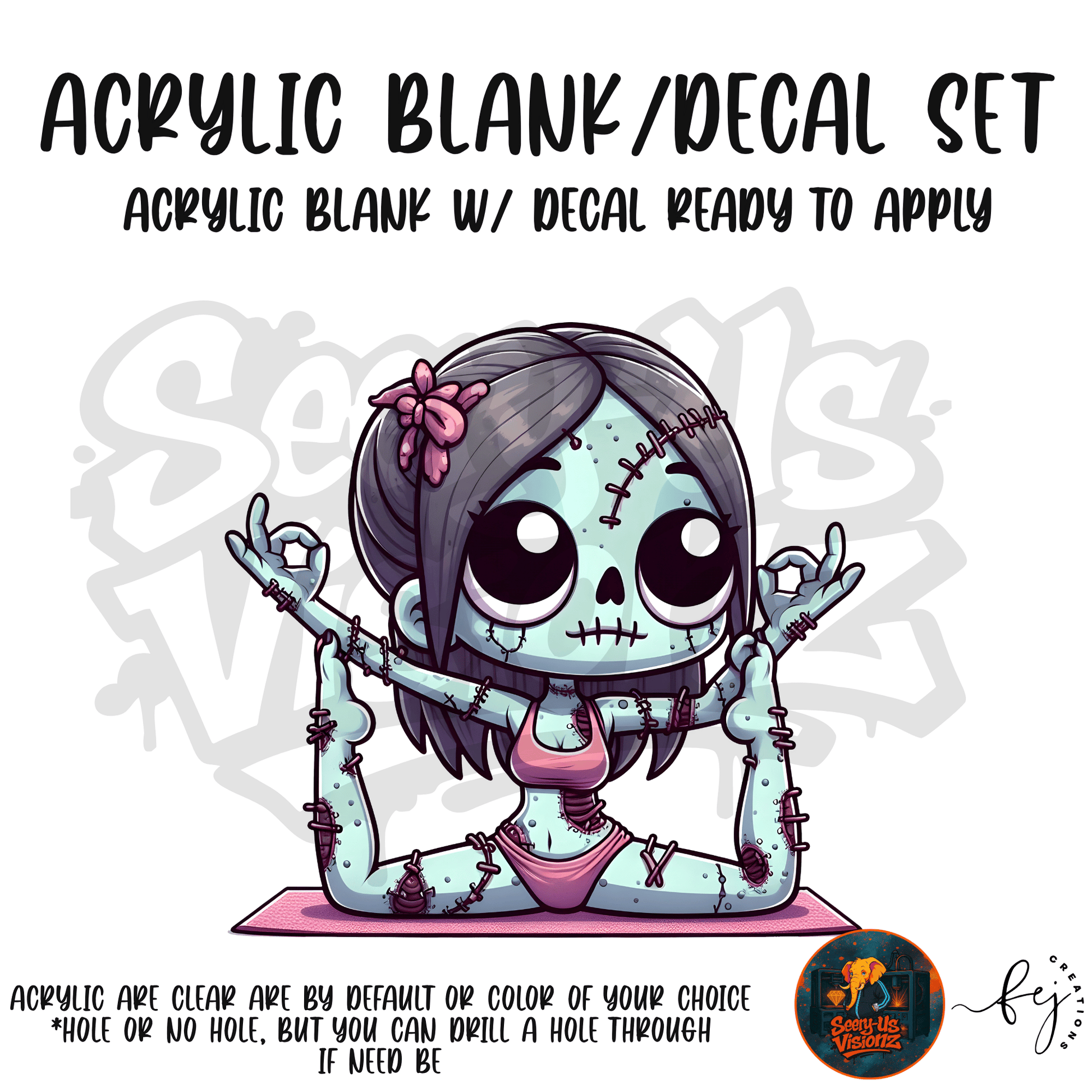 Yoga Zombie Doll themed acrylic blank with hole at top, multipurpose crafting shape
