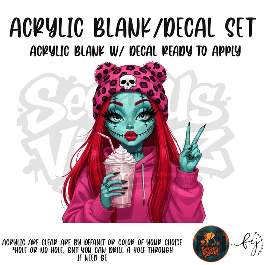 Zombie Girl themed acrylic blank with hole at top, multipurpose crafting shape
